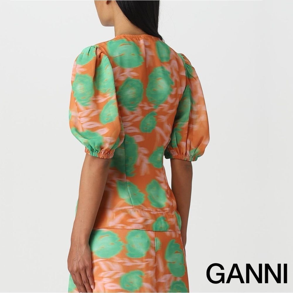 GANNI **NWT** Button-Up Puff Sleeve Crepe Blouse Vibrant Orange / Green Floral - Picture 7 of 16